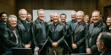 Siete siluetas de cantantes con chaquetas de cuero posando ante un ciclorama de concierto con luces turquesas de fondo.