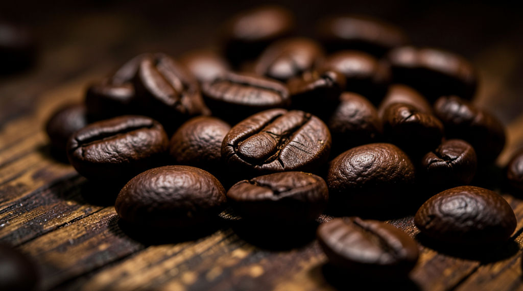 Granos de café en primer plano con una mirada estética industrial, implicando un control de calidad.