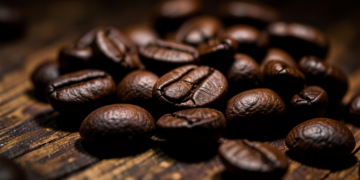 Granos de café en primer plano con una mirada estética industrial, implicando un control de calidad.