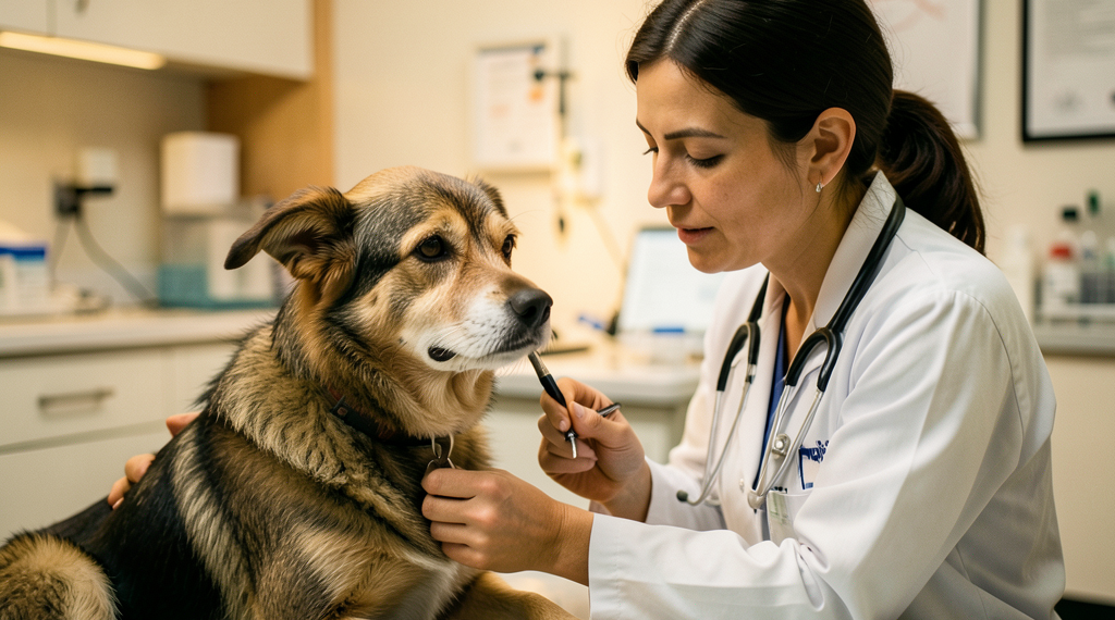 Veterinario realizando una consulta médica a un perrito.