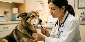 Veterinario realizando una consulta médica a un perrito.