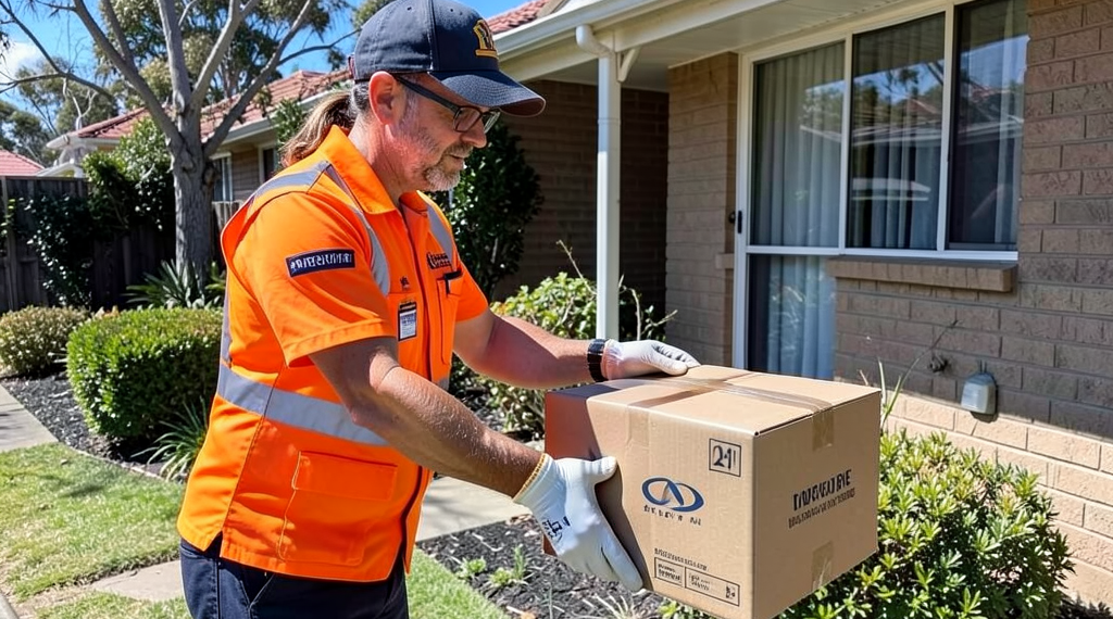 Un cartero en motocicleta de correos australiano portando un casco protector rojo brillante