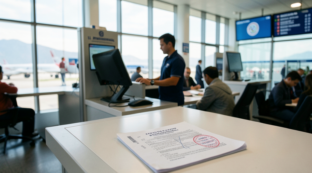 Funcionarios de migración vestidos de azul oficial listos para la fiscalización aeroportuaria.
