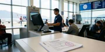 Funcionarios de migración vestidos de azul oficial listos para la fiscalización aeroportuaria.