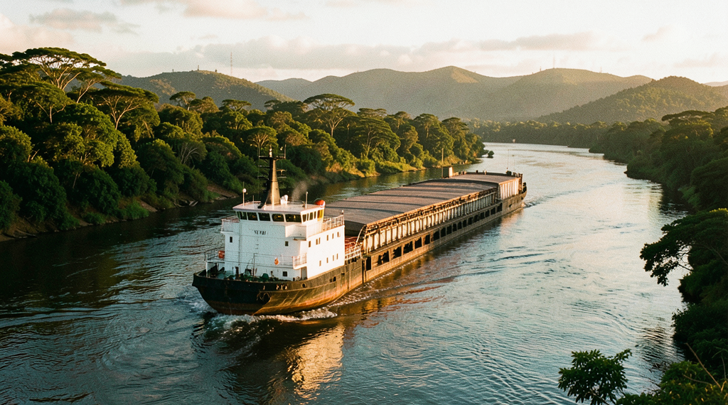 Barcazas transportando granos en una ruta fluvial con vegetación tropical al fondo.