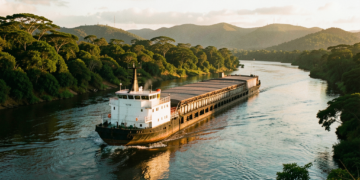 Barcazas transportando granos en una ruta fluvial con vegetación tropical al fondo.