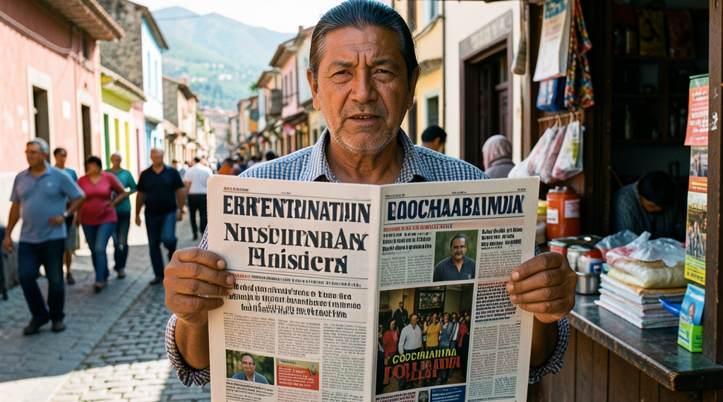 Kiosco de periódicos callejero en Cochabamba, Bolivia, exponiendo revistas con titulares y fotos de farándula.