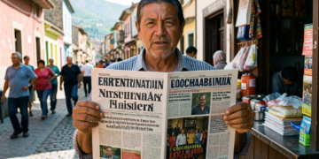 Kiosco de periódicos callejero en Cochabamba, Bolivia, exponiendo revistas con titulares y fotos de farándula.