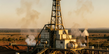 Plataforma de extracción petrolera en la Faja del Orinoco bajo cielo despejado.