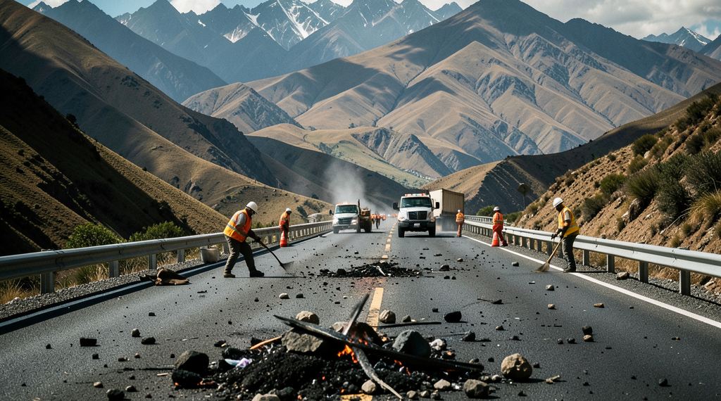 Cruce de caminos en Bolivia tras el fin de los bloqueos, con presencia de fuerzas policiales y vehículos de carga.