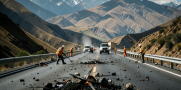 Cruce de caminos en Bolivia tras el fin de los bloqueos, con presencia de fuerzas policiales y vehículos de carga.