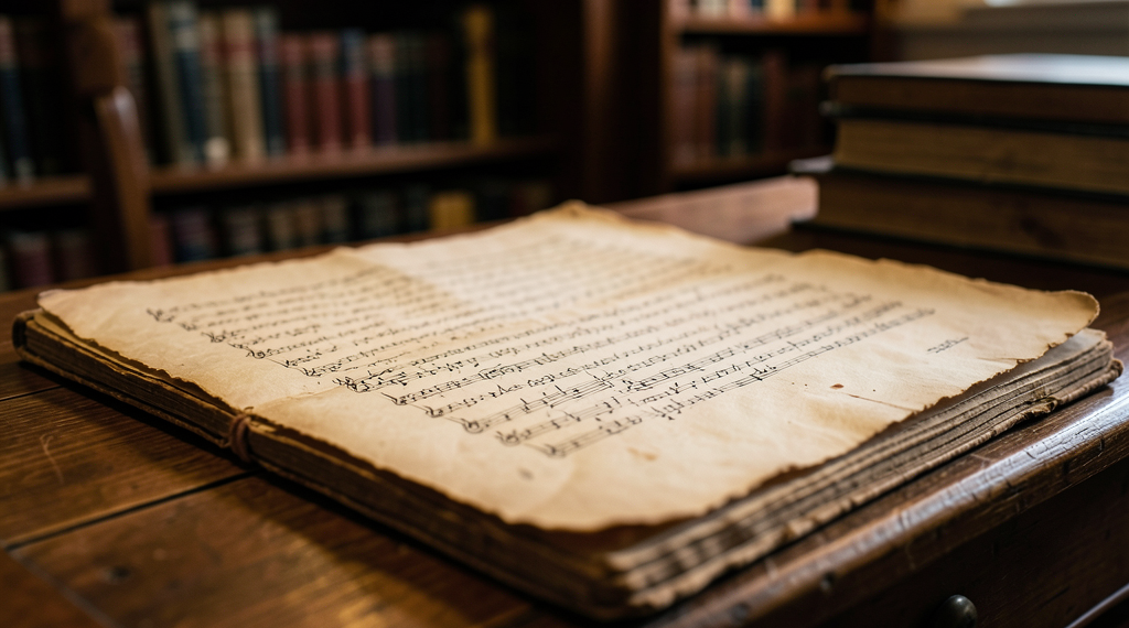 Manuscrito musical antiguo sobre papel envejecido con notas de Mozart, biblioteca de París.