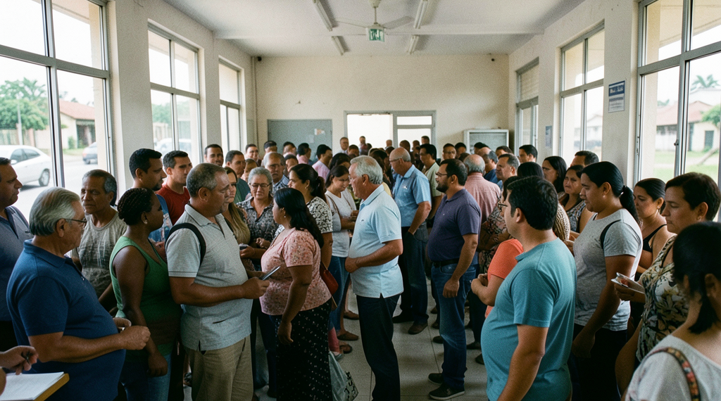 Multitud de inmigrantes tramitando documentos en una oficina de migración brasileña, enfoque en crisis humanitaria.