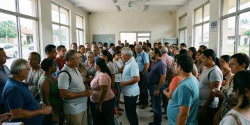 Multitud de inmigrantes tramitando documentos en una oficina de migración brasileña, enfoque en crisis humanitaria.