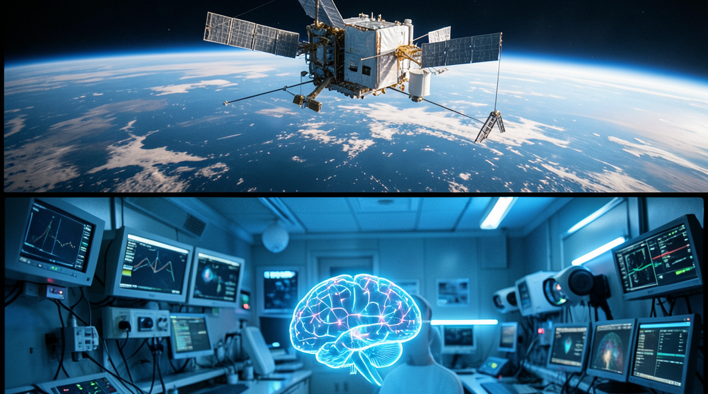 Imagen compuesta que muestra la estación espacial china en órbita y un esquema futurista de implante cerebral.