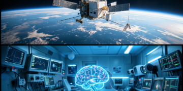 Imagen compuesta que muestra la estación espacial china en órbita y un esquema futurista de implante cerebral.