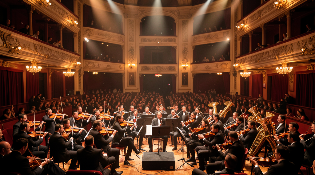 Músicos clásicos interpretando con violines e instrumentos bajo luces escénicas de color azul y dorado