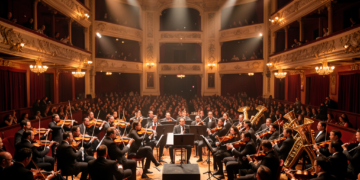 Músicos clásicos interpretando con violines e instrumentos bajo luces escénicas de color azul y dorado