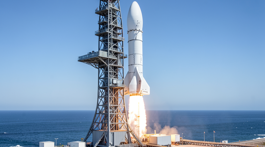 Un imponente cohete espacial metálico posado en una plataforma de lanzamiento costera bajo un cielo azul