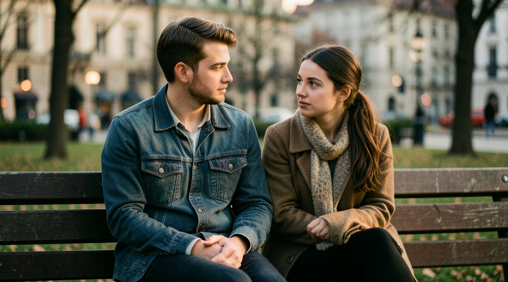 Pareja joven en un entorno urbano húngaro reflexionando sobre el futuro y sus finanzas personales.