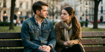 Pareja joven en un entorno urbano húngaro reflexionando sobre el futuro y sus finanzas personales.