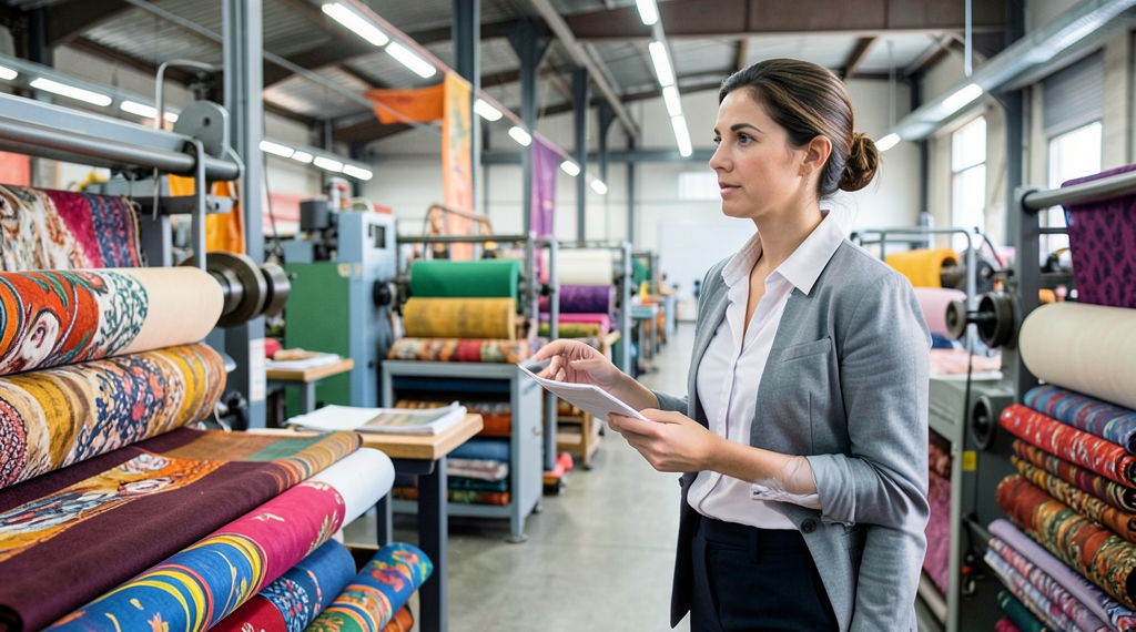 Retrato oficial en oficina de una profesional técnica en un entorno industrial textil boliviano