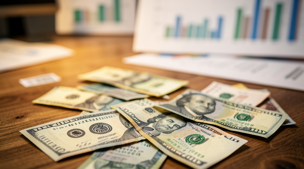 Billetes de dólar y bolivianos sobre una mesa de oficina con gráficos financieros.