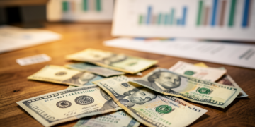 Billetes de dólar y bolivianos sobre una mesa de oficina con gráficos financieros.