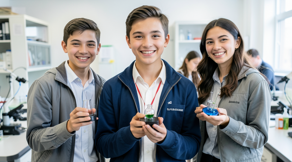Estudiantes bolivianos presentando sus proyectos científicos de manera virtual en su colegio.