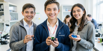 Estudiantes bolivianos presentando sus proyectos científicos de manera virtual en su colegio.