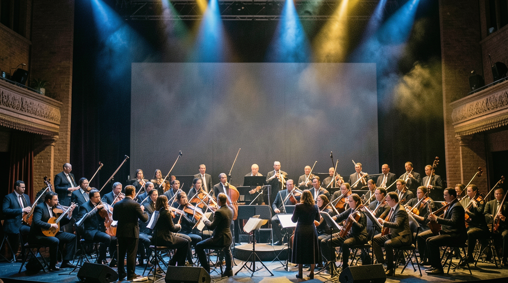 Violinistas de orquesta tocando bajo luces azules místicas y proyecciones de constelaciones en un gran escenario de teatro.