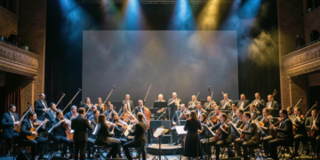 Violinistas de orquesta tocando bajo luces azules místicas y proyecciones de constelaciones en un gran escenario de teatro.