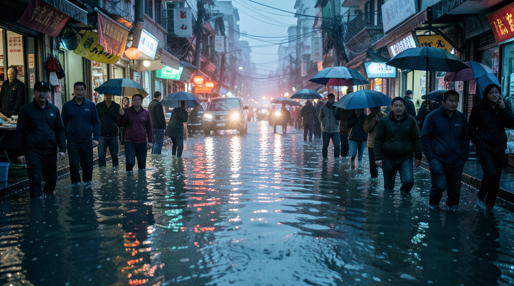 Inundaciones en una ciudad china con rescatistas ayudando a residentes a evacuar.
