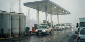 Cisternas de combustible de YPFB en fila en una planta de almacenamiento de Bolivia.