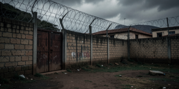 Fachada del centro penitenciario de Morros Blancos en Tarija, Bolivia, bajo un cielo nublado.