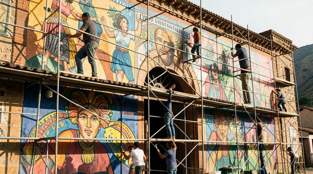 Artistas plásticos orureños trabajando en murales de gran formato sobre andamios en el Teatro Internacional Oruro.