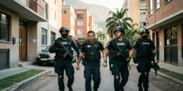 Efectivos de la FELCC durante el operativo de captura de un sospechoso en un condominio de Santa Cruz.