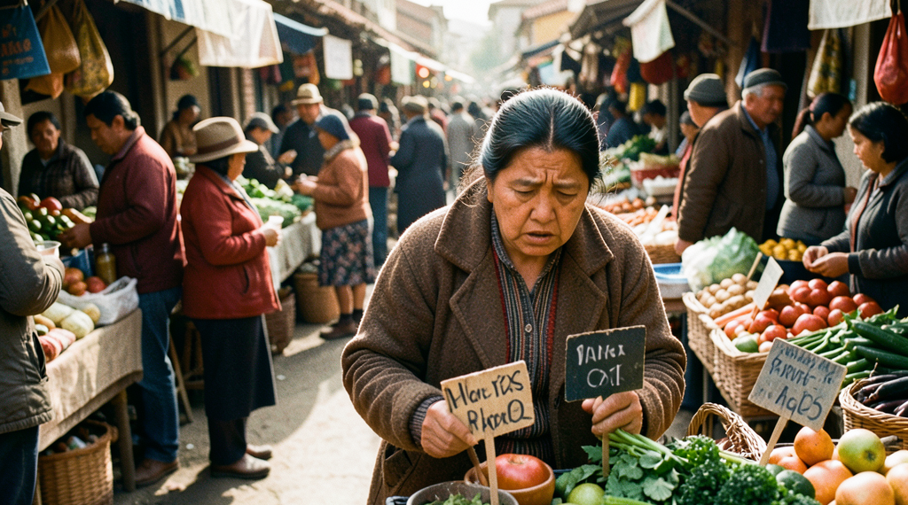 Mercado popular en Bolivia con ciudadanos preocupados por el aumento de precios en productos básicos.