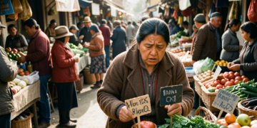 Mercado popular en Bolivia con ciudadanos preocupados por el aumento de precios en productos básicos.