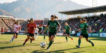 Futbolistas de Independiente de Challapata celebran un gol en el estadio Hugo Palenque durante la Liga Femenina.
