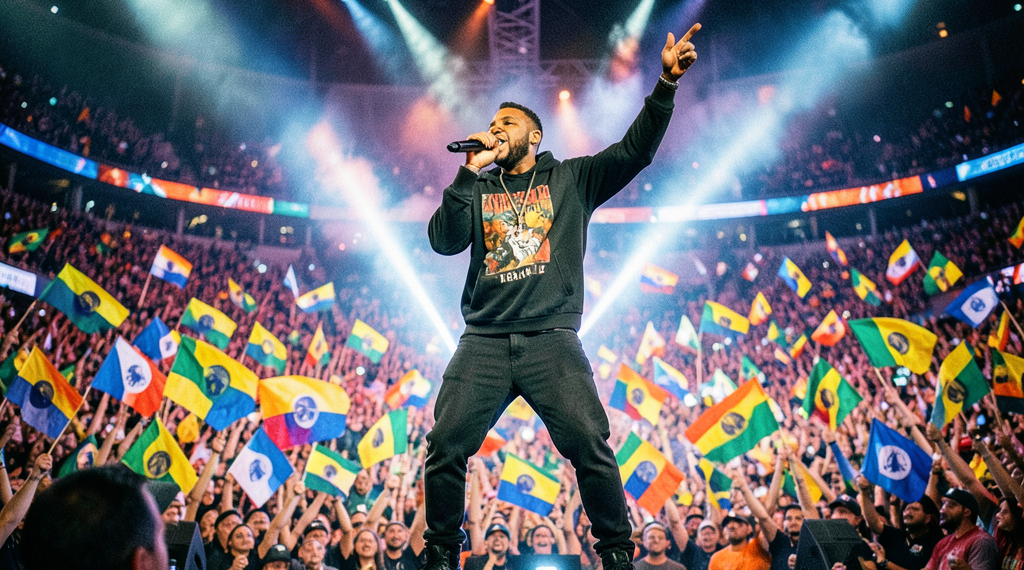 Bad Bunny en el escenario de la Super Bowl rodeado de banderas latinoamericanas durante su show histórico.