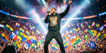 Bad Bunny en el escenario de la Super Bowl rodeado de banderas latinoamericanas durante su show histórico.