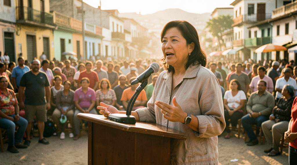 Keiko Fujimori durante un acto de campaña rodeada de seguidores en un barrio popular de Lima.