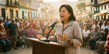 Keiko Fujimori durante un acto de campaña rodeada de seguidores en un barrio popular de Lima.