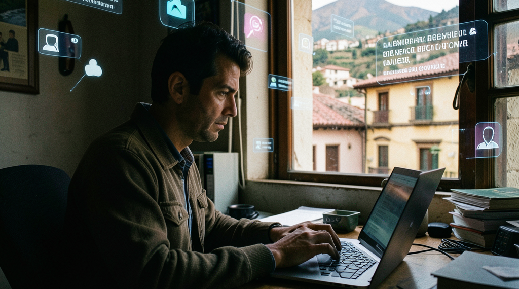 Periodista boliviana trabajando en una computadora portátil con un fondo de redes sociales digitales.