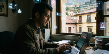 Periodista boliviana trabajando en una computadora portátil con un fondo de redes sociales digitales.