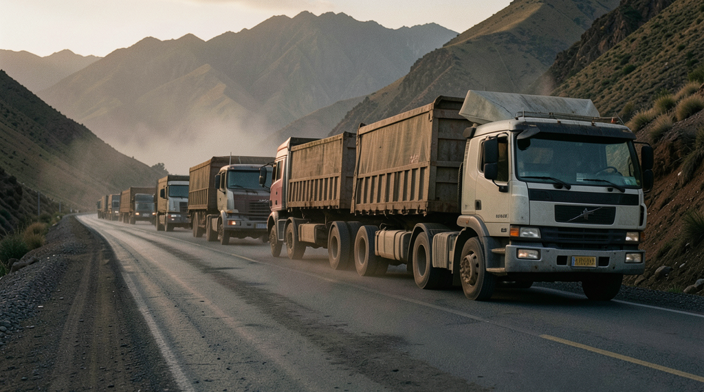 Camiones de carga varados en una carretera boliviana esperando abastecimiento de diésel.