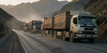 Camiones de carga varados en una carretera boliviana esperando abastecimiento de diésel.