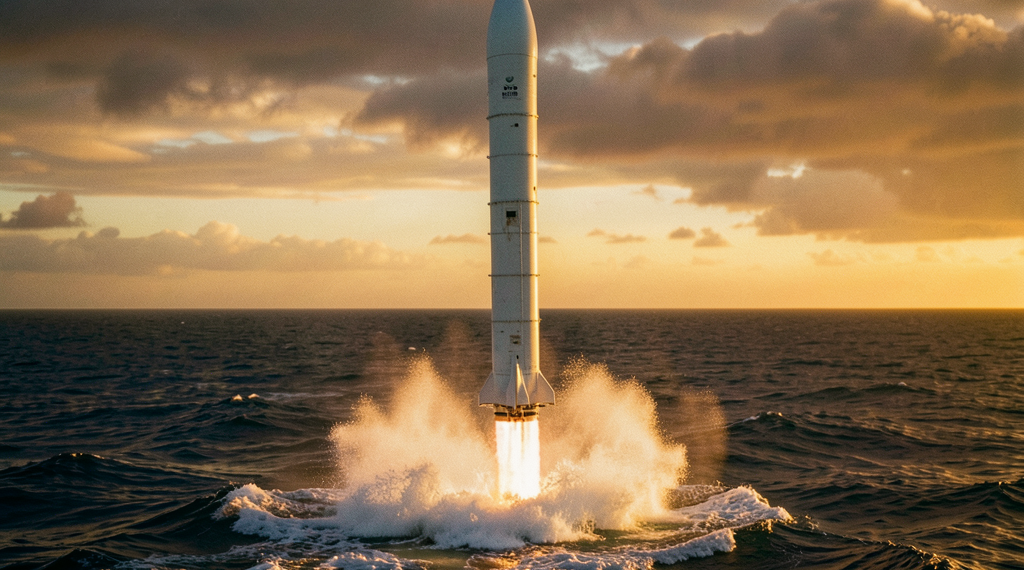 Cohete Starship de SpaceX descendiendo sobre el océano Índico tras exitosa prueba de vuelo.