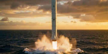 Cohete Starship de SpaceX descendiendo sobre el océano Índico tras exitosa prueba de vuelo.